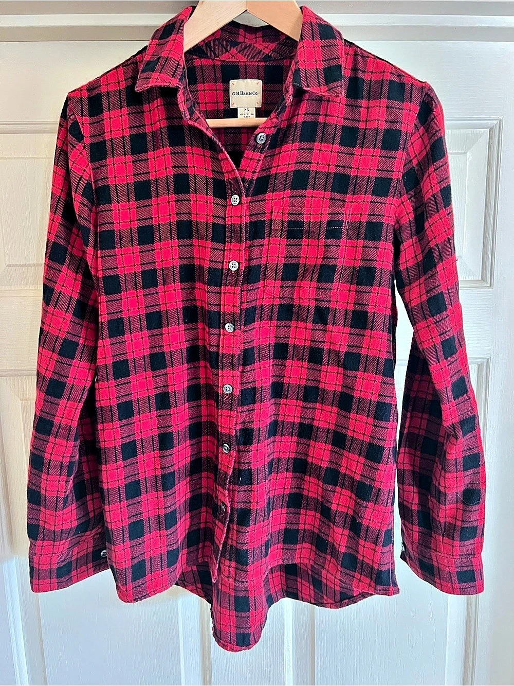 Bass Co Red Black Plaid Flannel Shirt Womens XS 100% Cotton Button Front